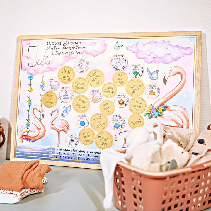 Kraamcadeau meisje nodig? Ga voor de Flamingo Pink Krasposter van Mini Miles!